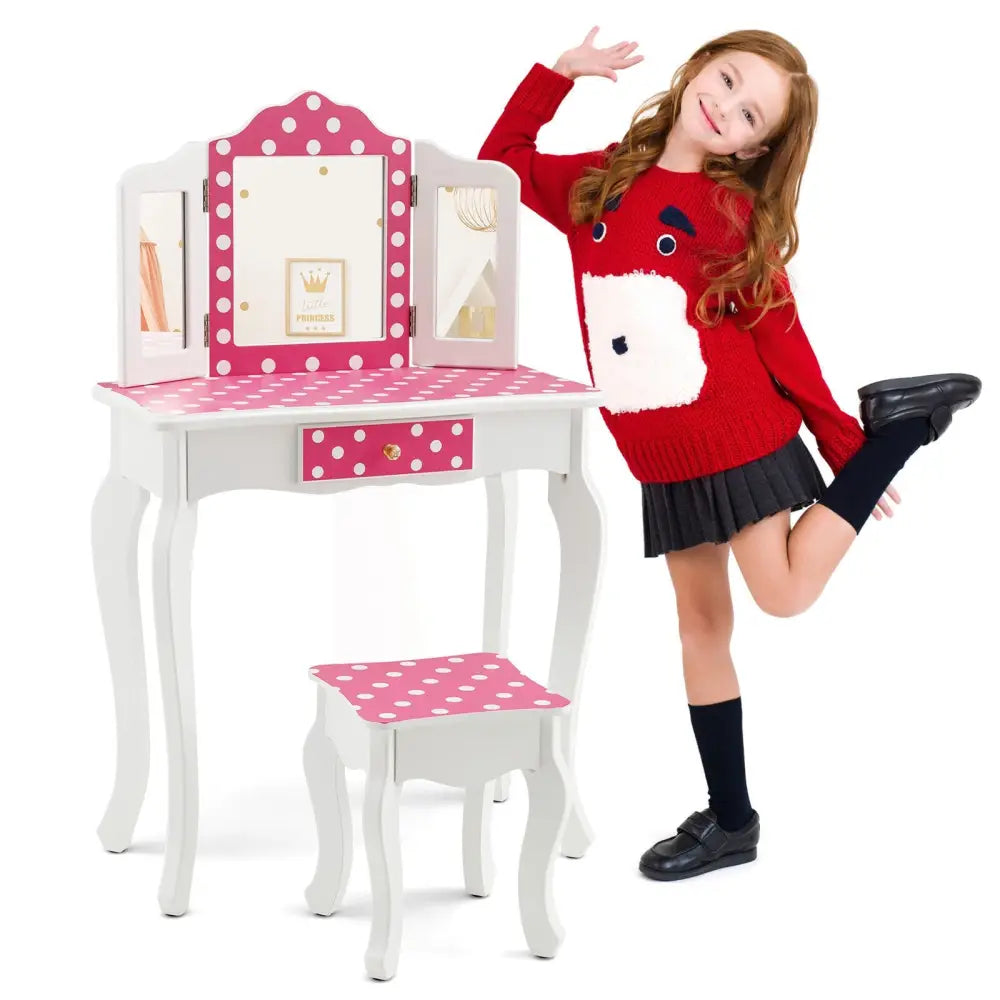 Kids Vanity Table and Stool Set with Cute Polka Dot Print-Pink - Pink - Kids Vanities