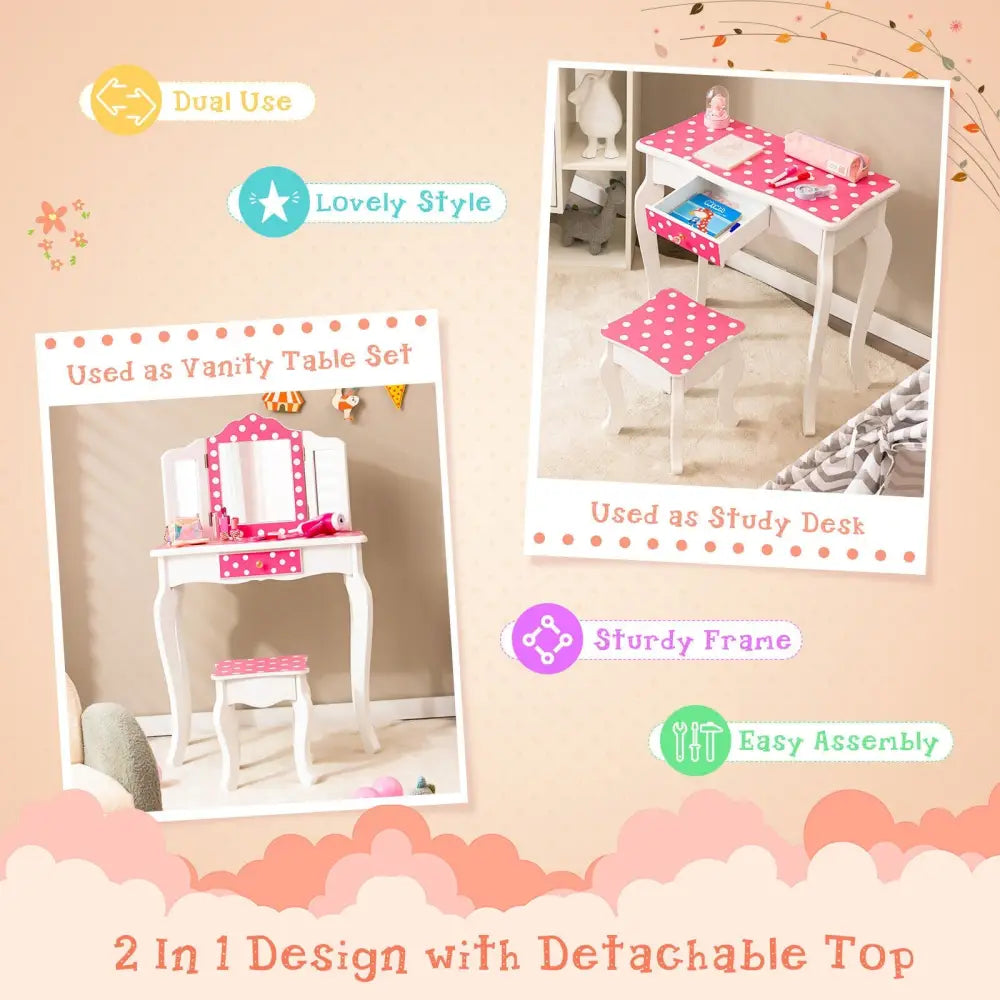 Kids Vanity Table and Stool Set with Cute Polka Dot Print-Pink - Pink - Kids Vanities