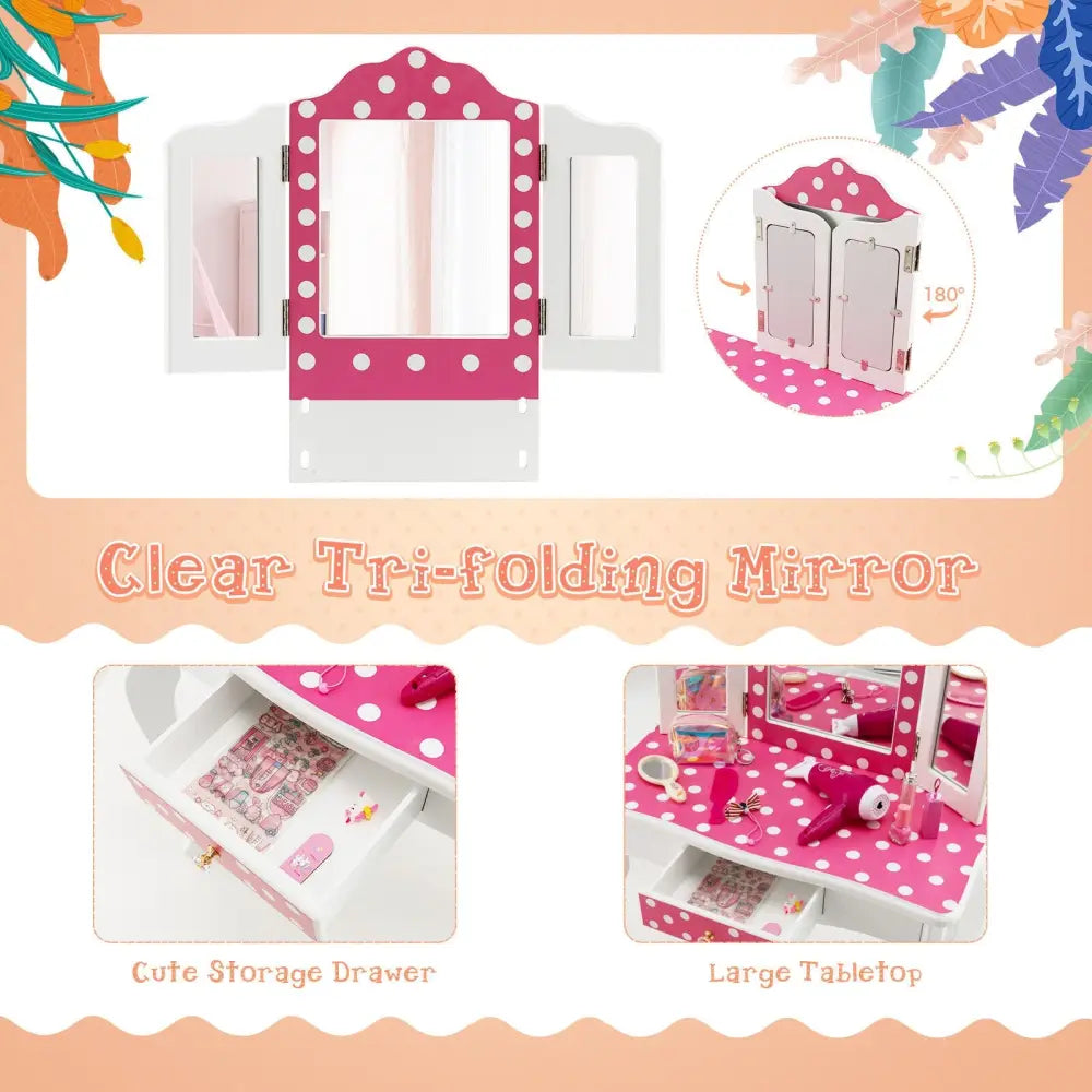 Kids Vanity Table and Stool Set with Cute Polka Dot Print-Pink - Pink - Kids Vanities