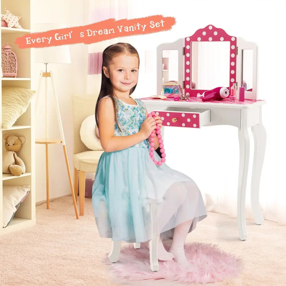 Kids Vanity Table and Stool Set with Cute Polka Dot Print-Pink - Pink - Kids Vanities