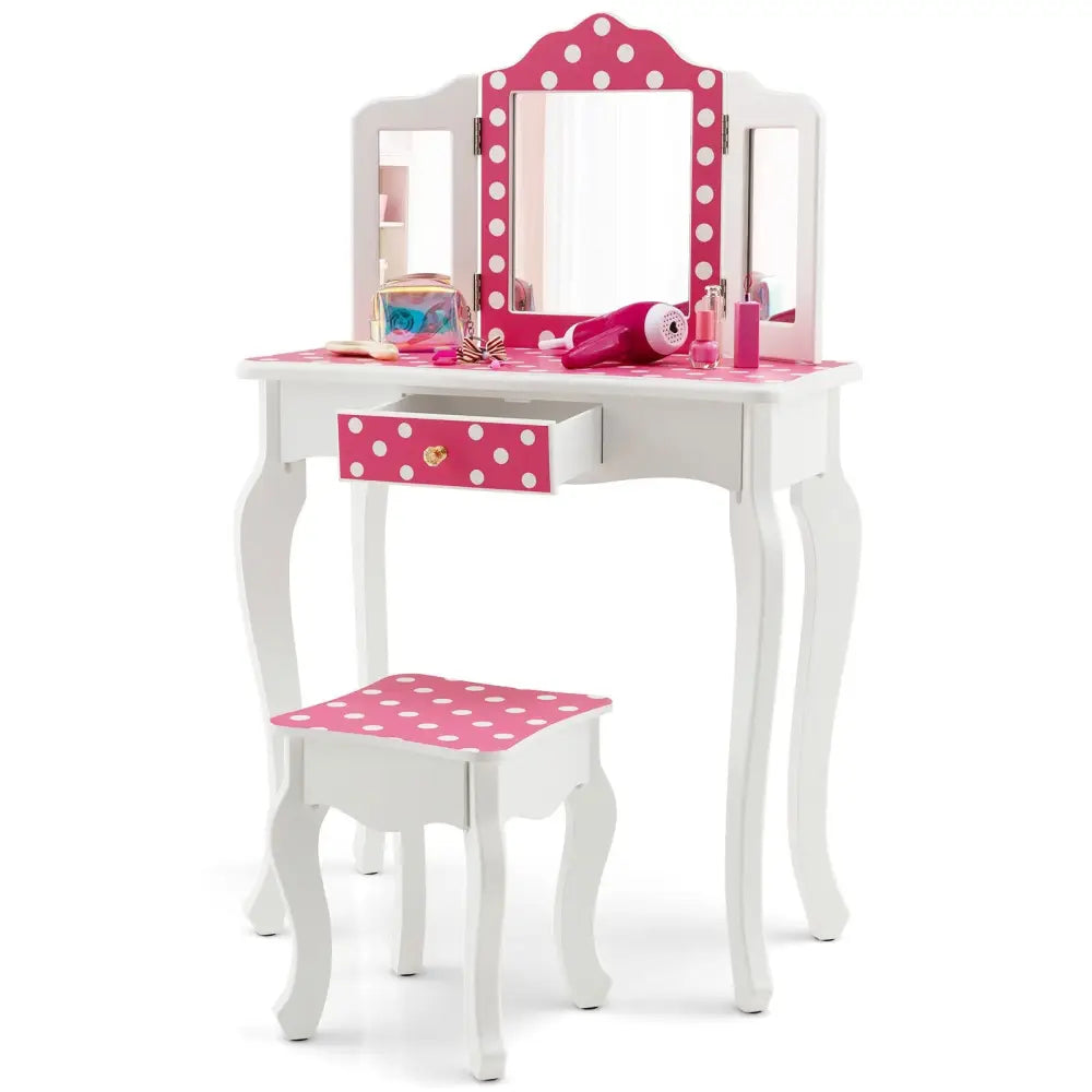 Kids Vanity Table and Stool Set with Cute Polka Dot Print-Pink - Pink - Kids Vanities