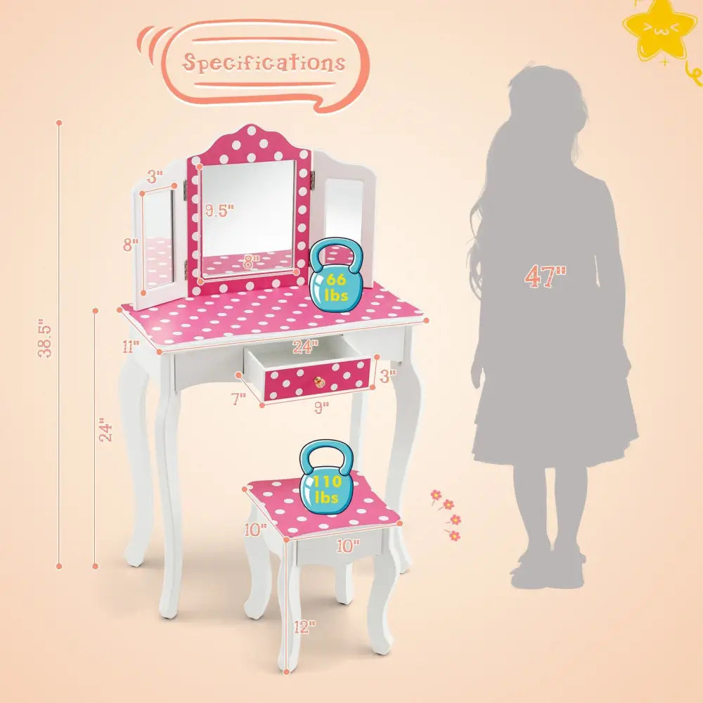 Kids Vanity Table and Stool Set with Cute Polka Dot Print-Pink - Pink - Kids Vanities
