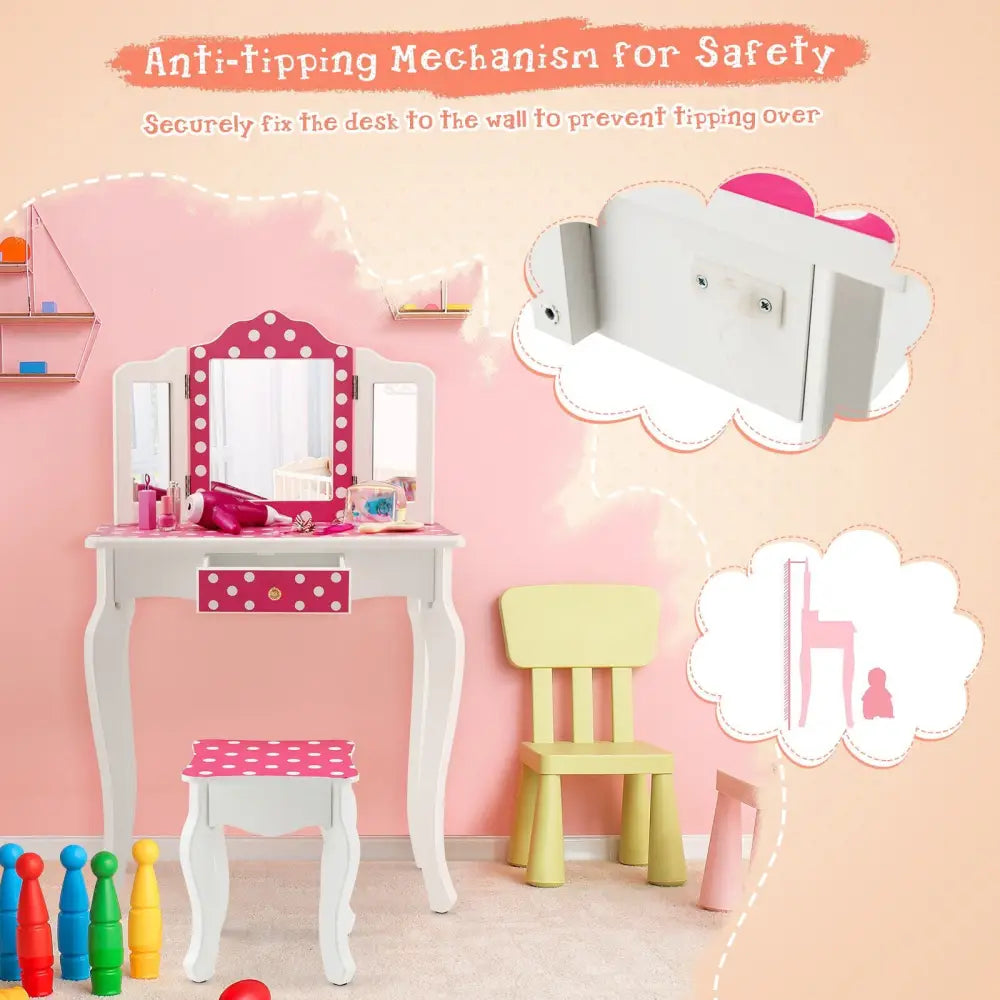 Kids Vanity Table and Stool Set with Cute Polka Dot Print-Pink - Pink - Kids Vanities