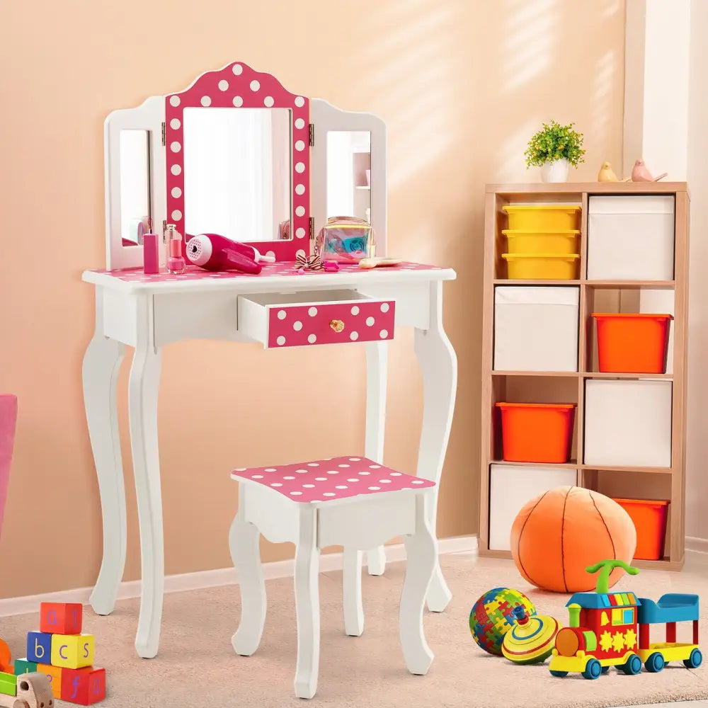 Kids Vanity Table and Stool Set with Cute Polka Dot Print-Pink - Pink - Kids Vanities