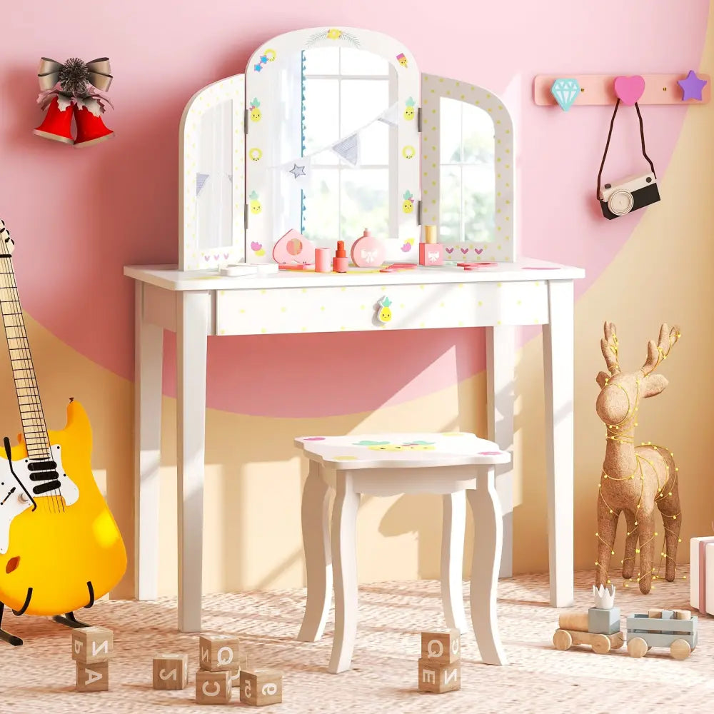 Kids Vanity Table Set with Tri-Folding Mirror and Large Drawer-White - White - Kids Vanities
