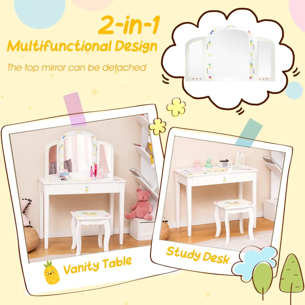 Kids Vanity Table Set with Tri-Folding Mirror and Large Drawer-White - White - Kids Vanities