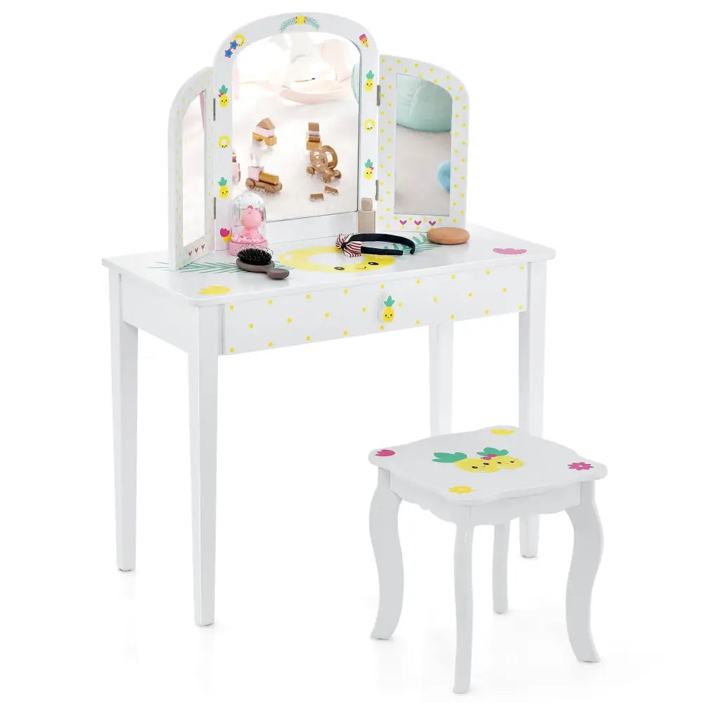 Kids Vanity Table Set with Tri-Folding Mirror and Large Drawer-White - White - Kids Vanities