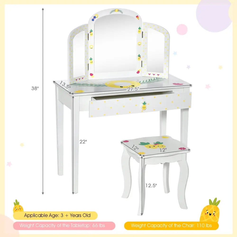 Kids Vanity Table Set with Tri-Folding Mirror and Large Drawer-White - White - Kids Vanities
