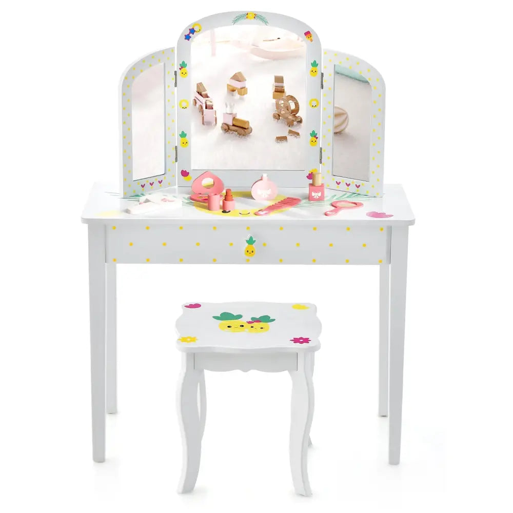 Kids Vanity Table Set with Tri-Folding Mirror and Large Drawer-White - White - Kids Vanities