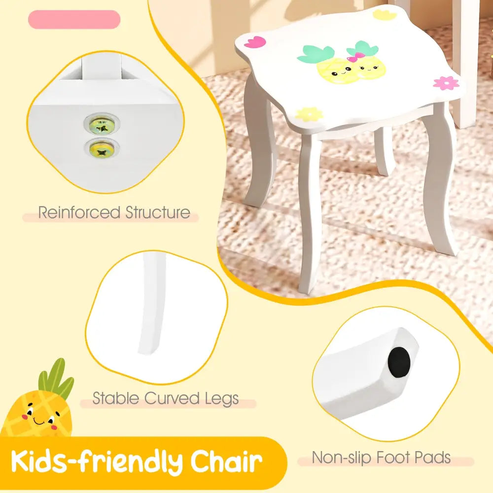 Kids Vanity Table Set with Tri-Folding Mirror and Large Drawer-White - White - Kids Vanities