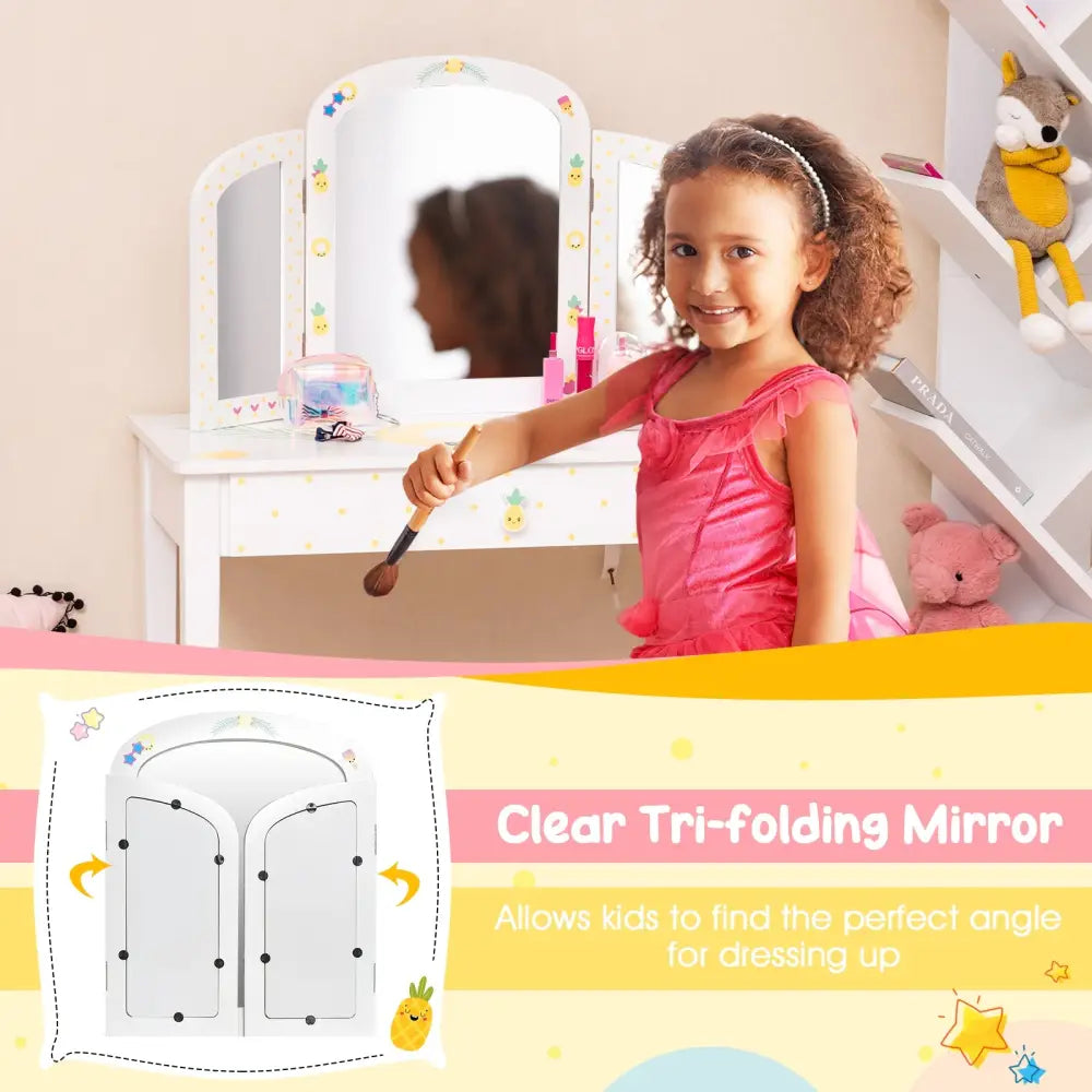 Kids Vanity Table Set with Tri-Folding Mirror and Large Drawer-White - White - Kids Vanities