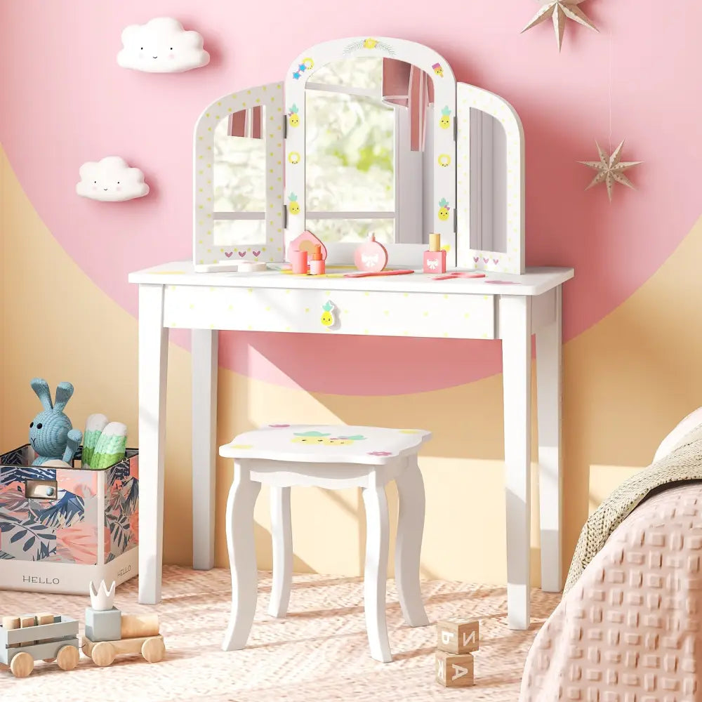 Kids Vanity Table Set with Tri-Folding Mirror and Large Drawer-White - White - Kids Vanities