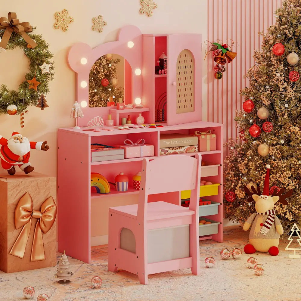 Kids Vanity with Lights and 5 Drawers for Kids Aged 3+ Years Old-Pink - Pink - Kids Vanities
