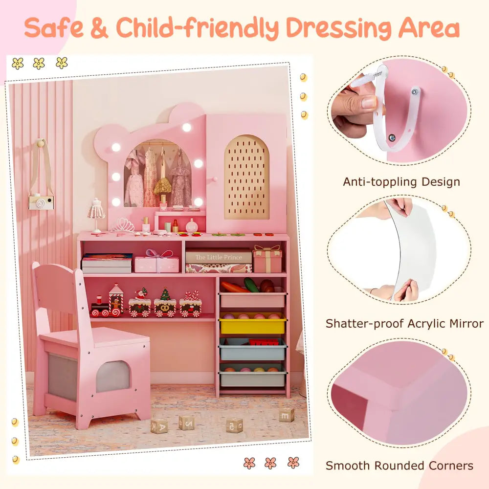 Kids Vanity with Lights and 5 Drawers for Kids Aged 3+ Years Old-Pink - Pink - Kids Vanities