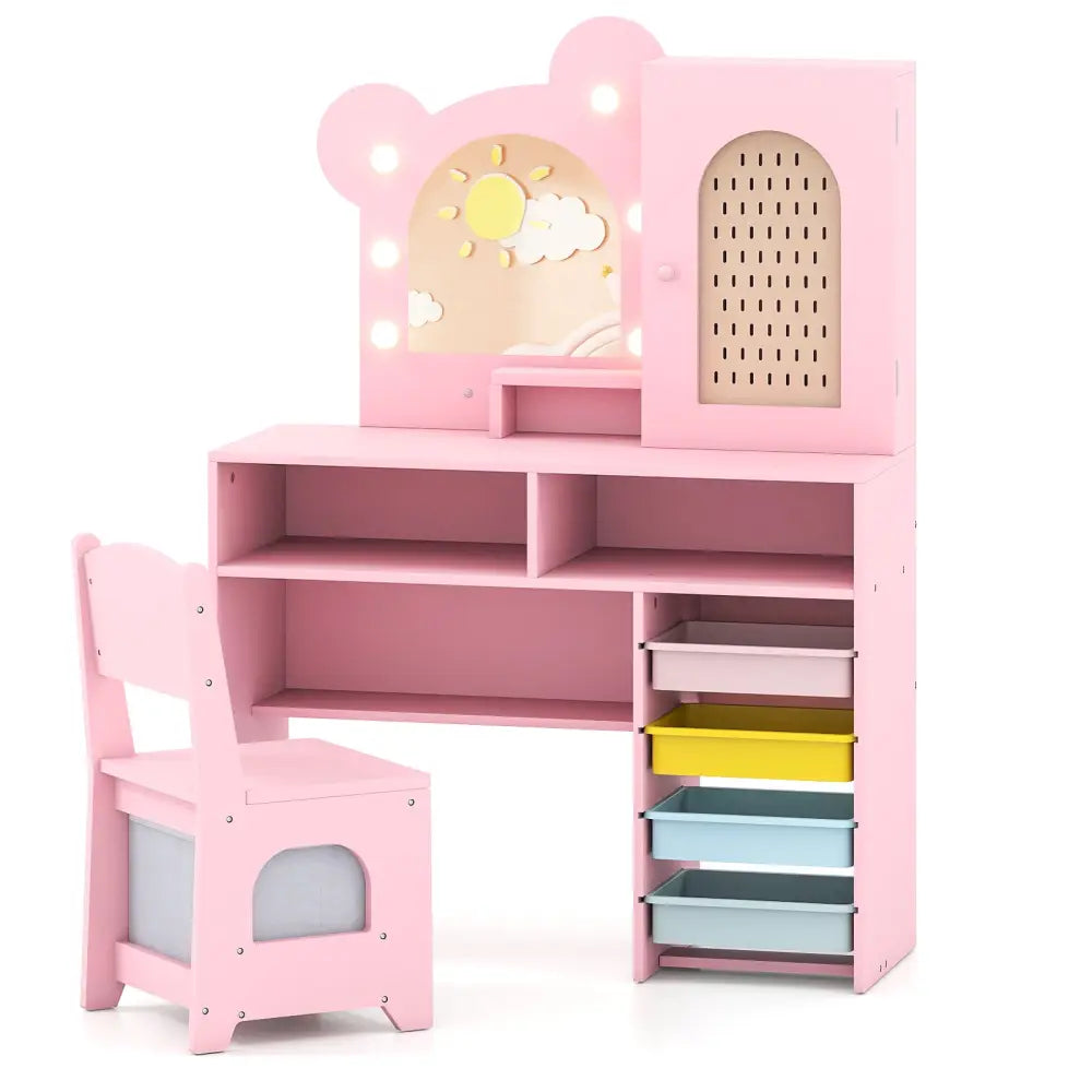 Kids Vanity with Lights and 5 Drawers for Kids Aged 3+ Years Old-Pink - Pink - Kids Vanities