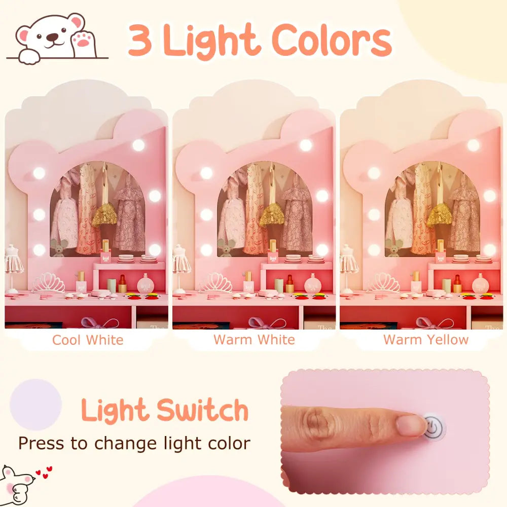 Kids Vanity with Lights and 5 Drawers for Kids Aged 3+ Years Old-Pink - Pink - Kids Vanities