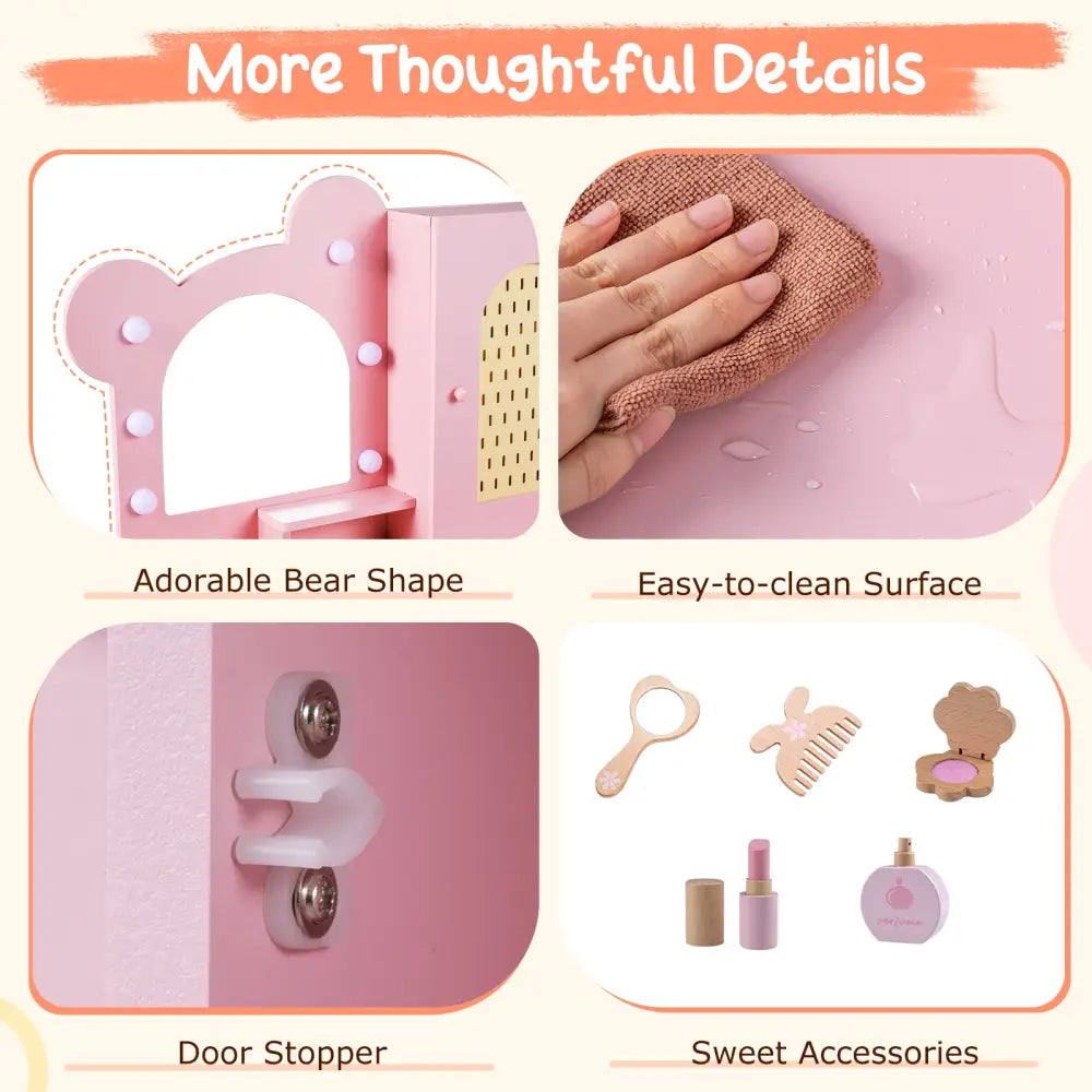 Kids Vanity with Lights and 5 Drawers for Kids Aged 3+ Years Old-Pink - Pink - Kids Vanities