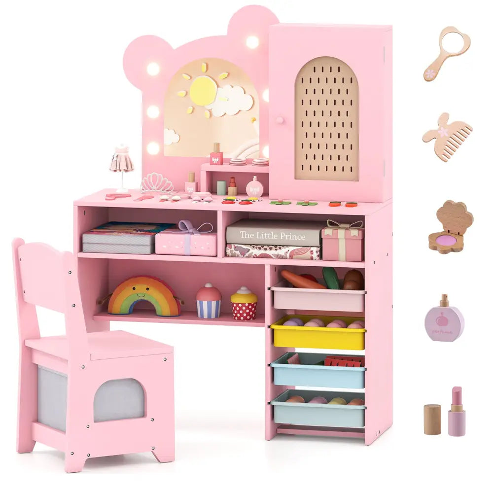 Kids Vanity with Lights and 5 Drawers for Kids Aged 3+ Years Old-Pink - Pink - Kids Vanities