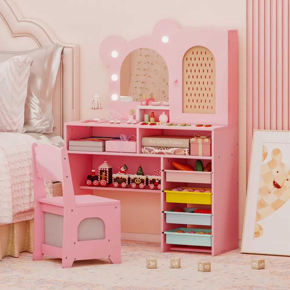 Kids Vanity with Lights and 5 Drawers for Kids Aged 3+ Years Old-Pink - Pink - Kids Vanities