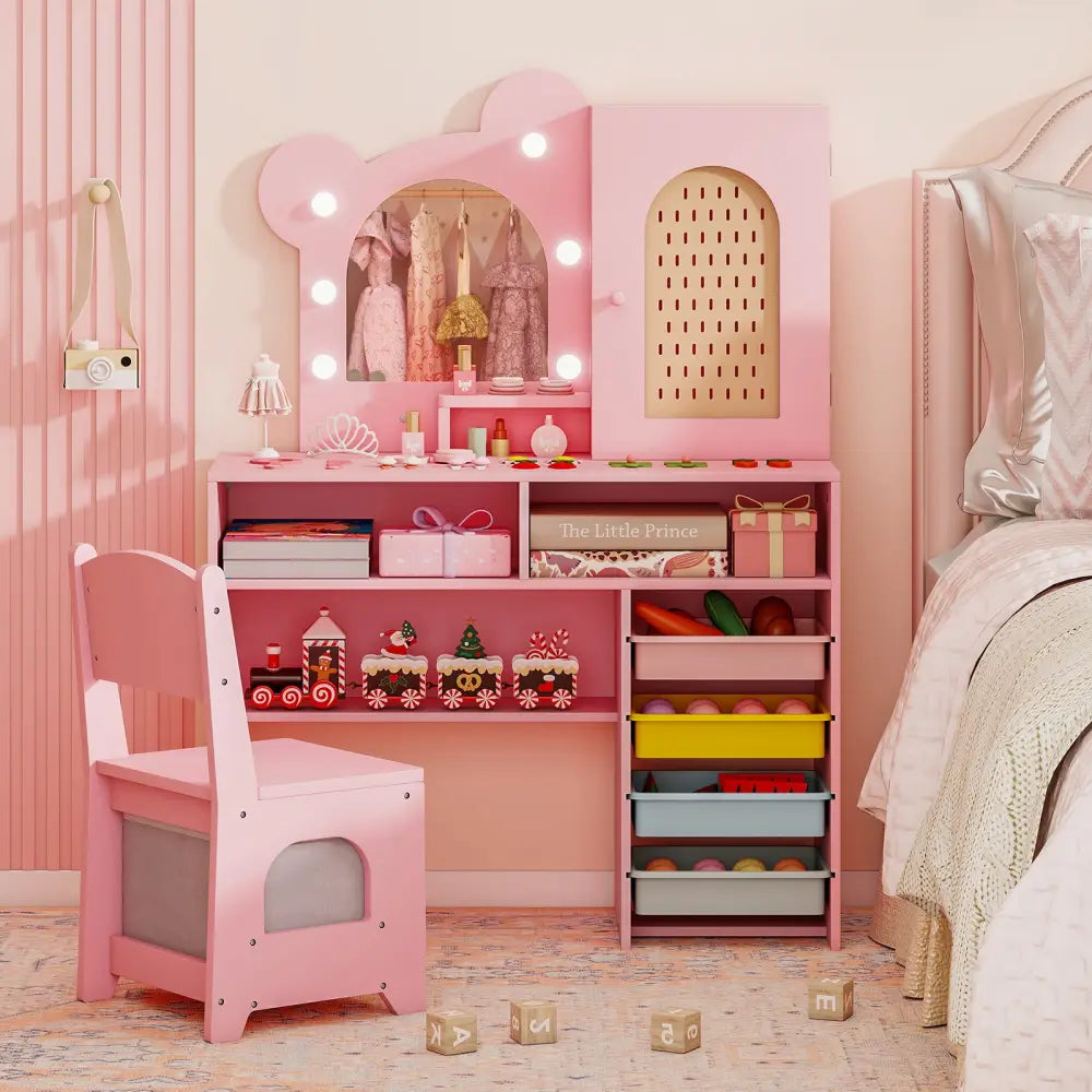 Kids Vanity with Lights and 5 Drawers for Kids Aged 3+ Years Old-Pink - Pink - Kids Vanities