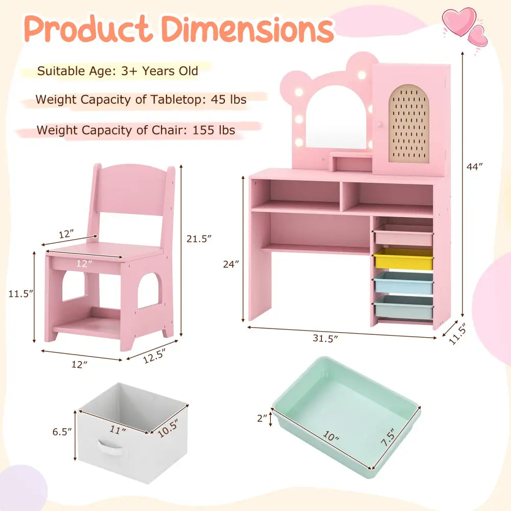 Kids Vanity with Lights and 5 Drawers for Kids Aged 3+ Years Old-Pink - Pink - Kids Vanities