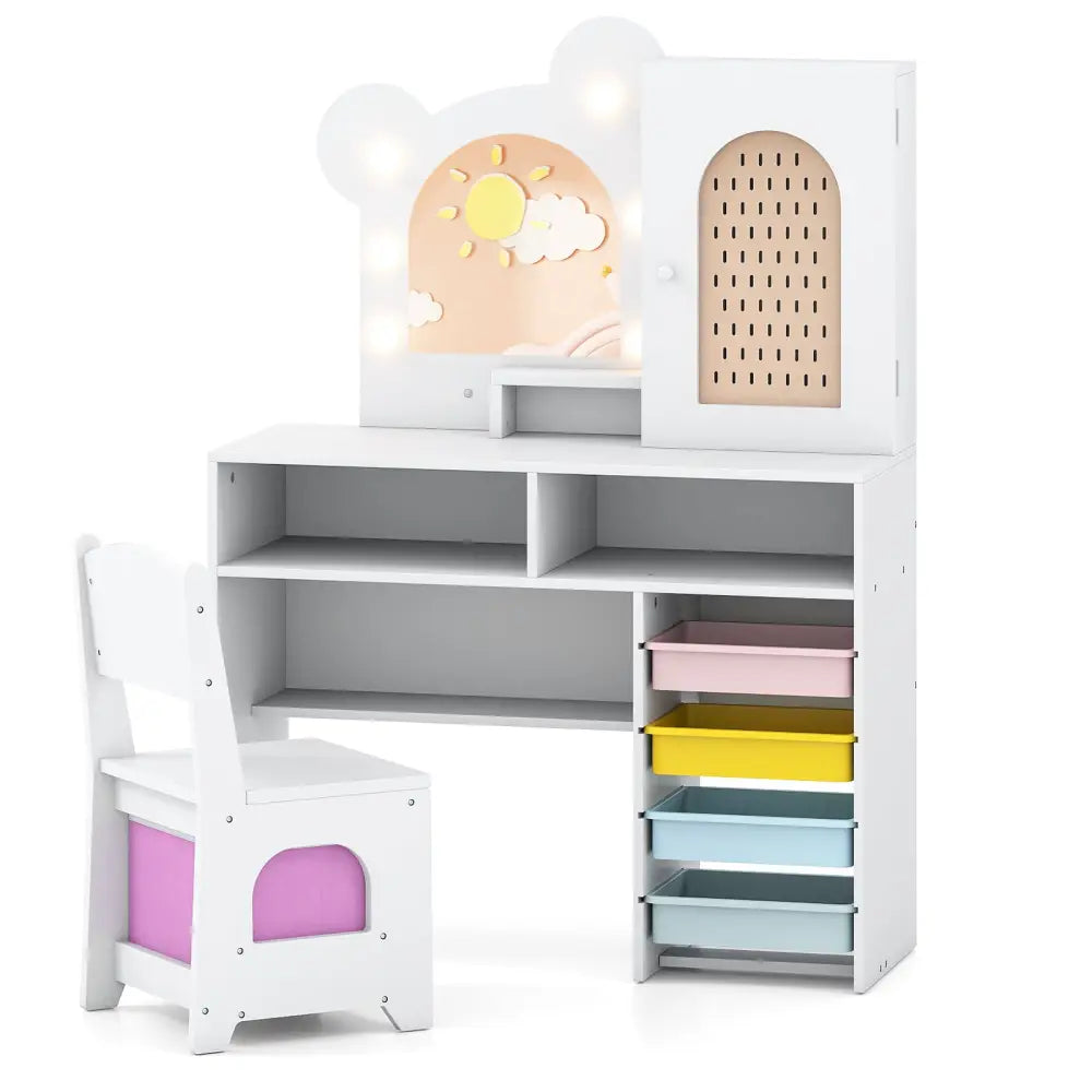 Kids Vanity with Lights and 5 Drawers for Kids Aged 3+ Years Old-White - White - Kids Vanities