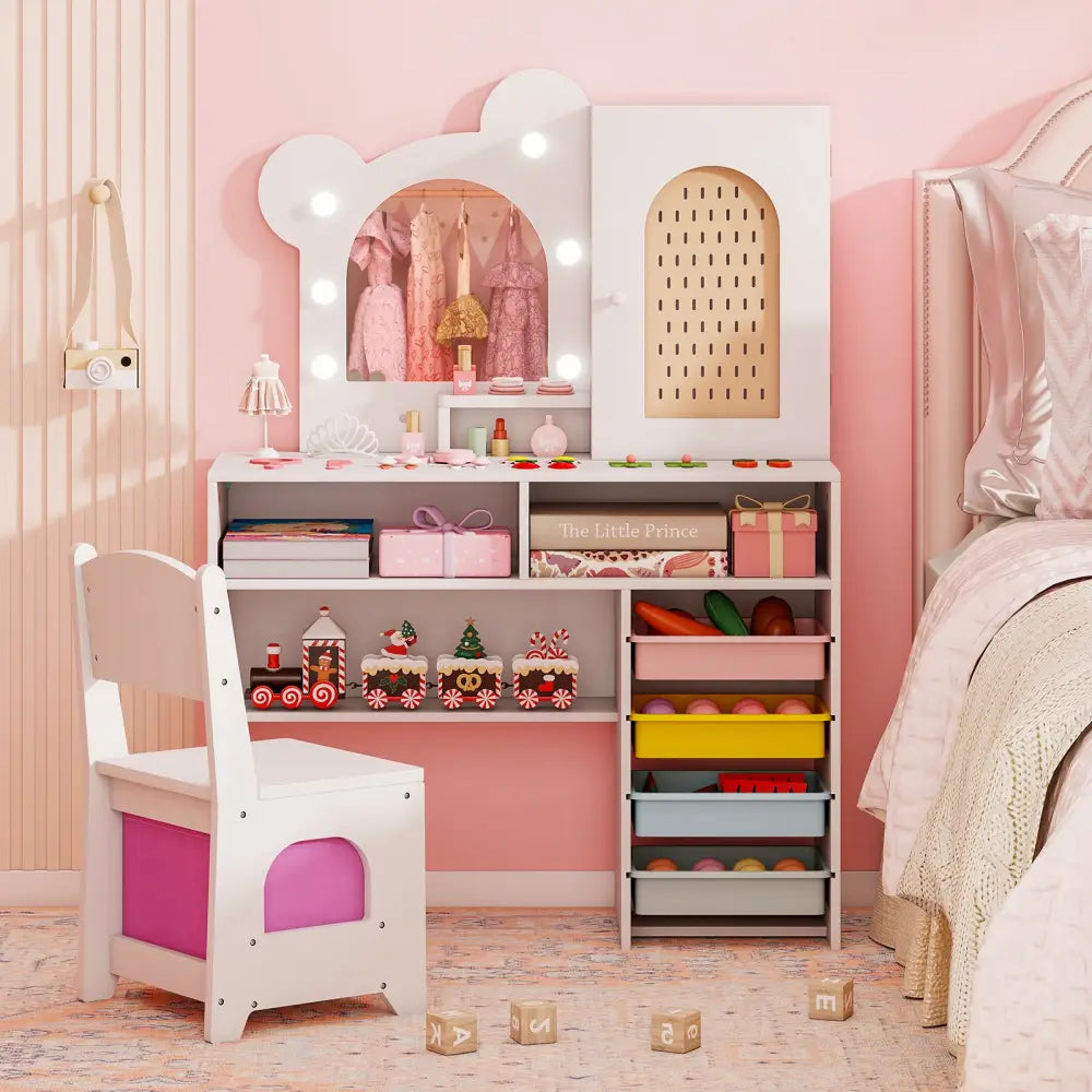 Kids Vanity with Lights and 5 Drawers for Kids Aged 3+ Years Old-White - White - Kids Vanities