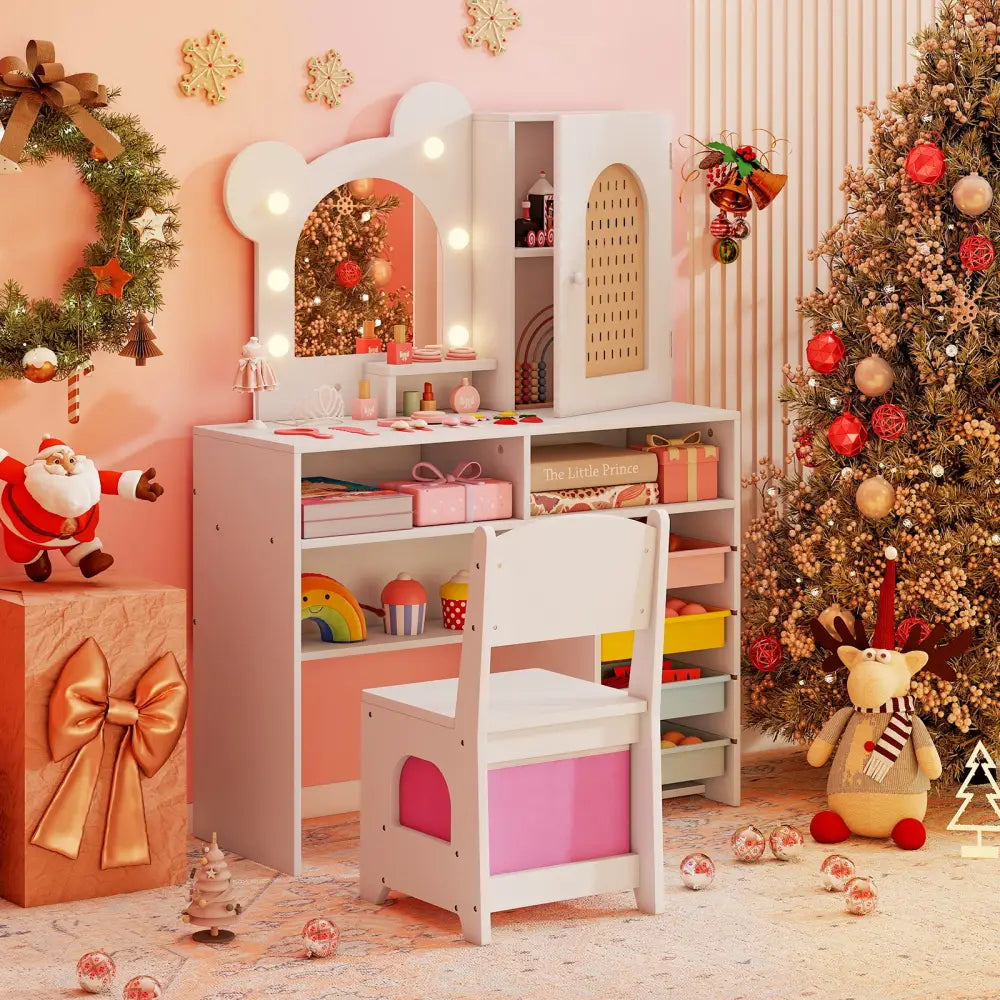Kids Vanity with Lights and 5 Drawers for Kids Aged 3+ Years Old-White - White - Kids Vanities