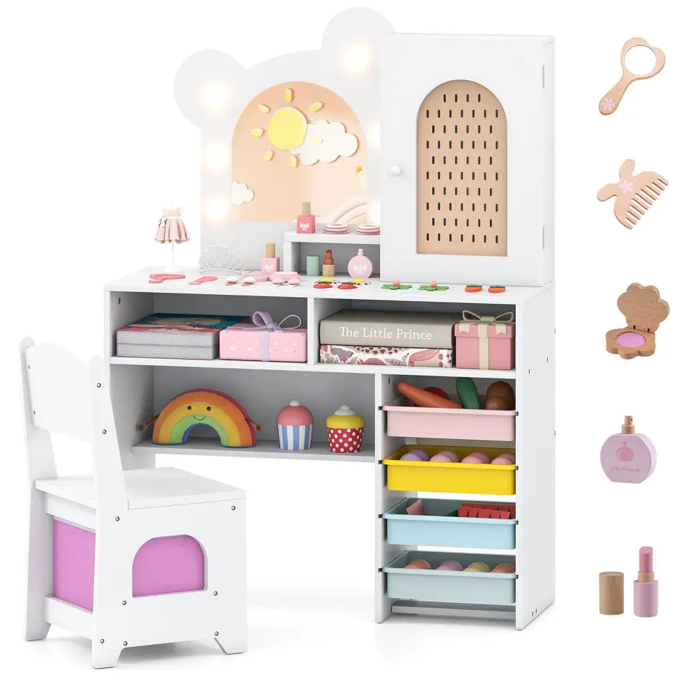 Kids Vanity with Lights and 5 Drawers for Kids Aged 3+ Years Old-White - White - Kids Vanities
