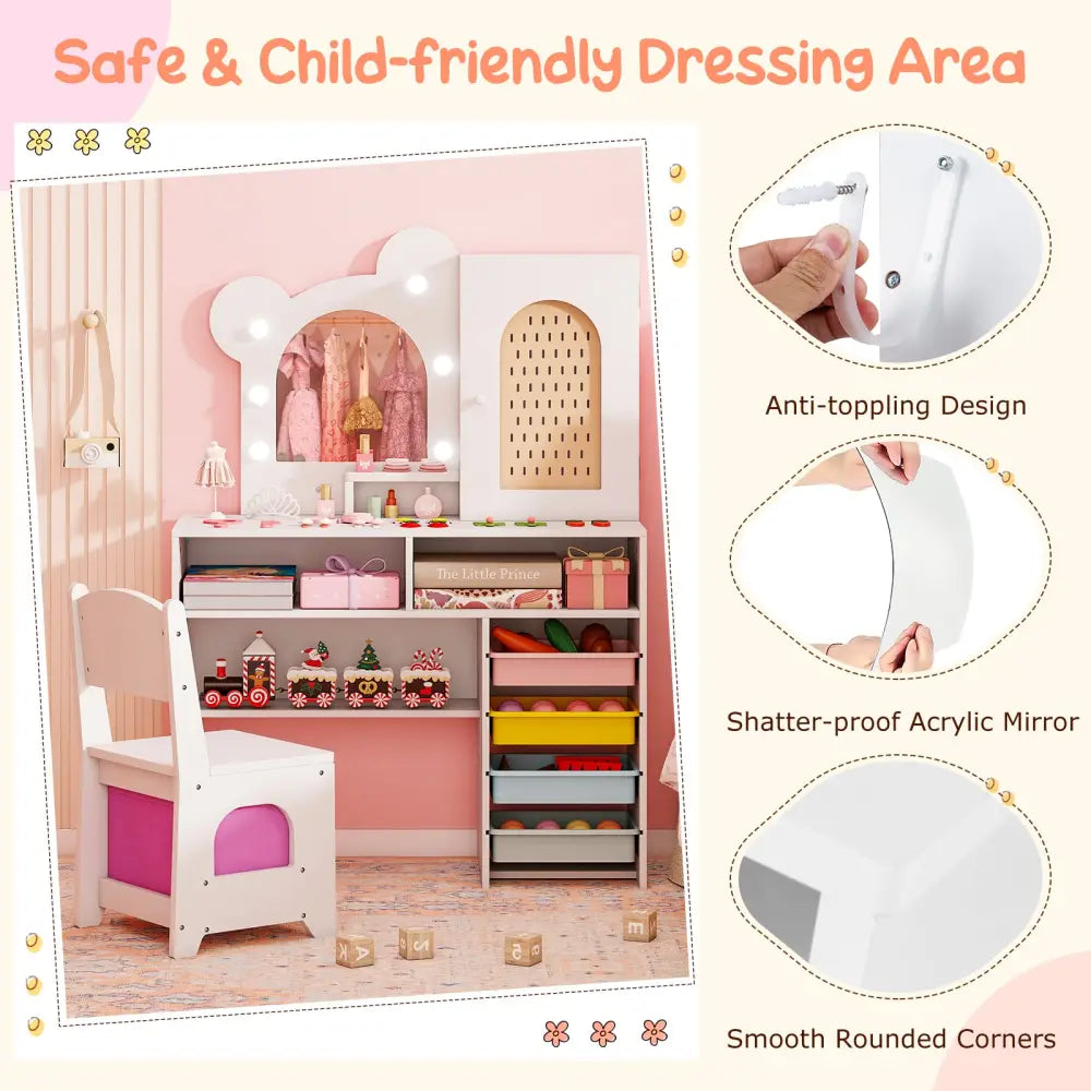 Kids Vanity with Lights and 5 Drawers for Kids Aged 3+ Years Old-White - White - Kids Vanities
