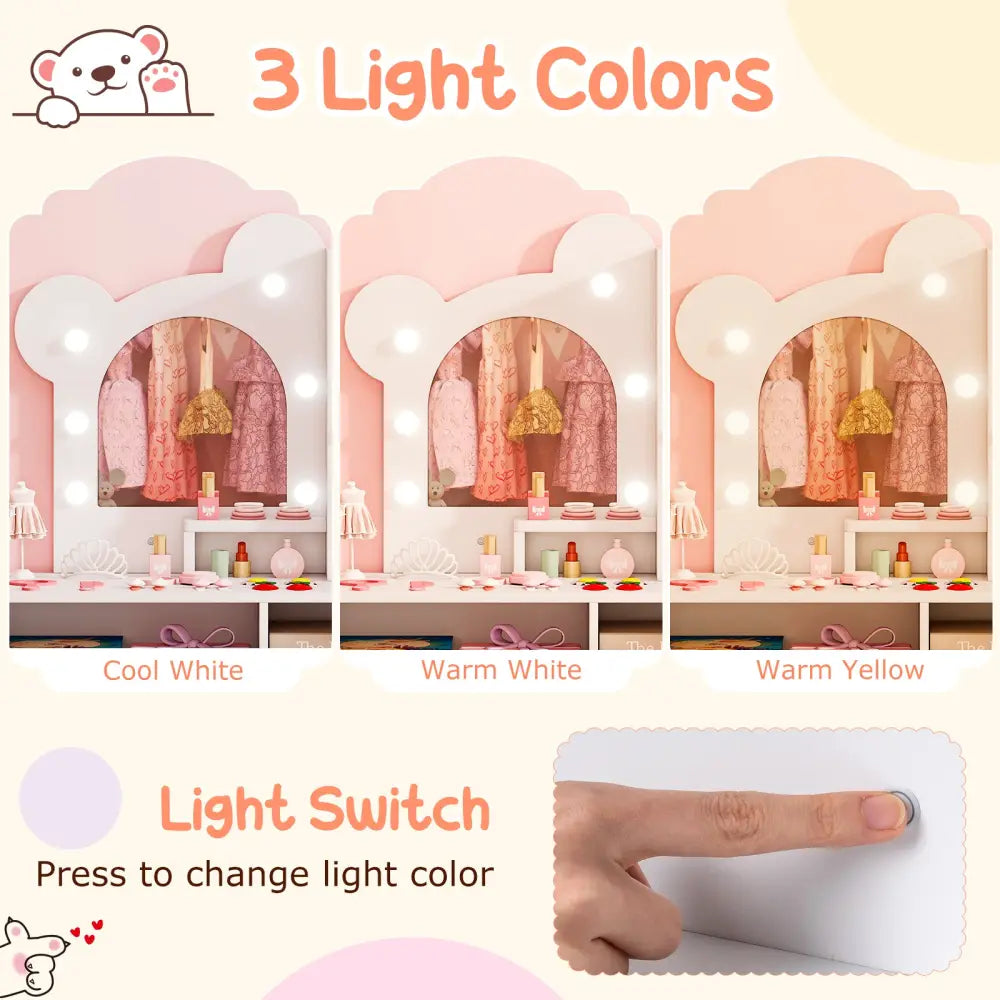 Kids Vanity with Lights and 5 Drawers for Kids Aged 3+ Years Old-White - White - Kids Vanities