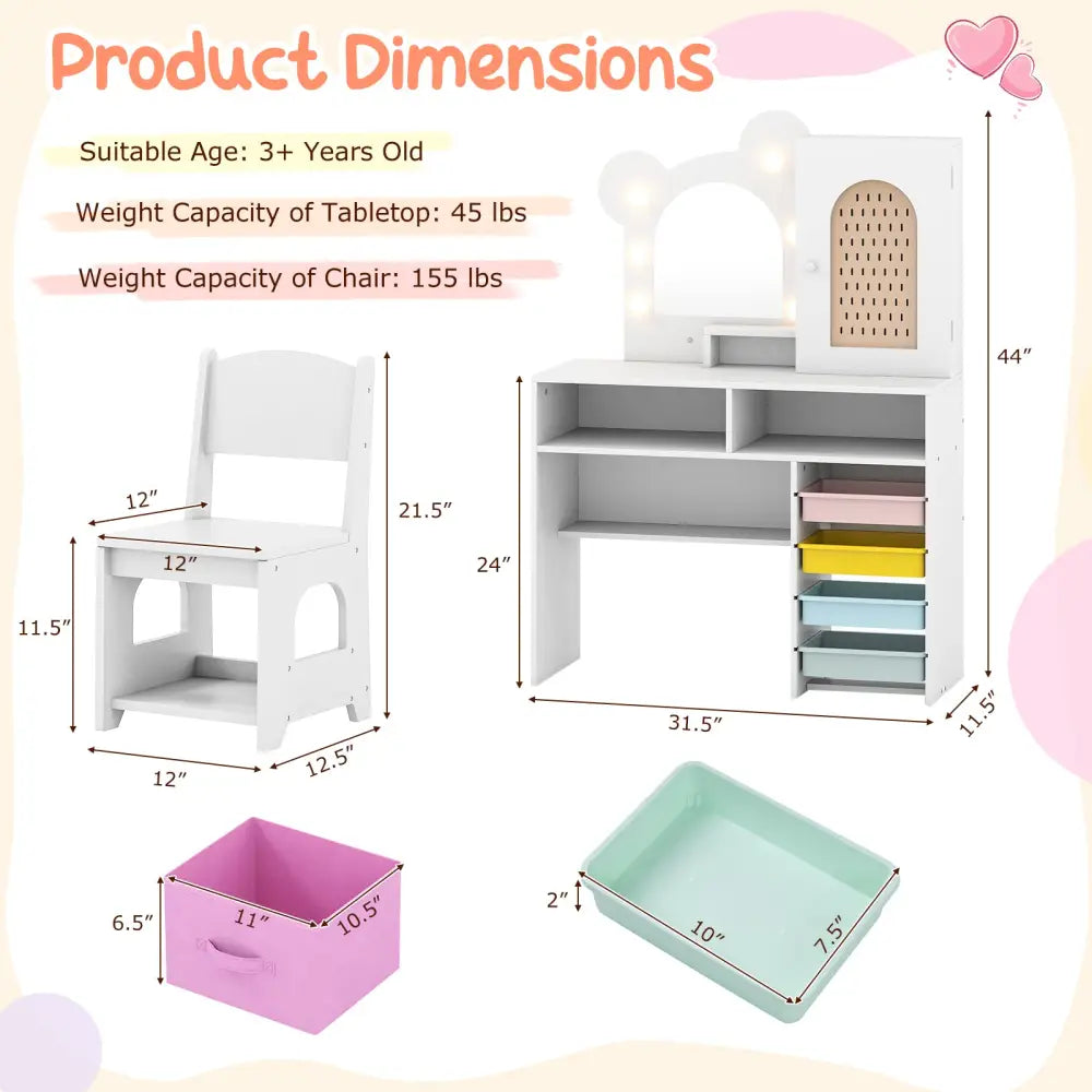Kids Vanity with Lights and 5 Drawers for Kids Aged 3+ Years Old-White - White - Kids Vanities