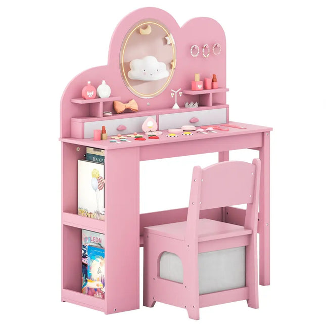 Kids Vanity with Lights Princess Vanity Table and Chair Set with 2 Drawers and 2-Tier Bookshelf-Pink - Pink - Kids