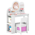 Kids Vanity with Lights Princess Vanity Table and Chair Set with 2 Drawers and 2-Tier Bookshelf-White - White - Kids