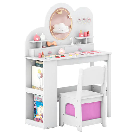 Kids Vanity with Lights Princess Vanity Table and Chair Set with 2 Drawers and 2-Tier Bookshelf-White - White - Kids