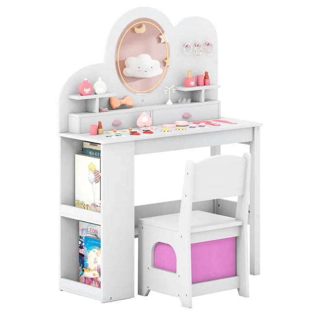 Kids Vanity with Lights Princess Vanity Table and Chair Set with 2 Drawers and 2-Tier Bookshelf-White - White - Kids