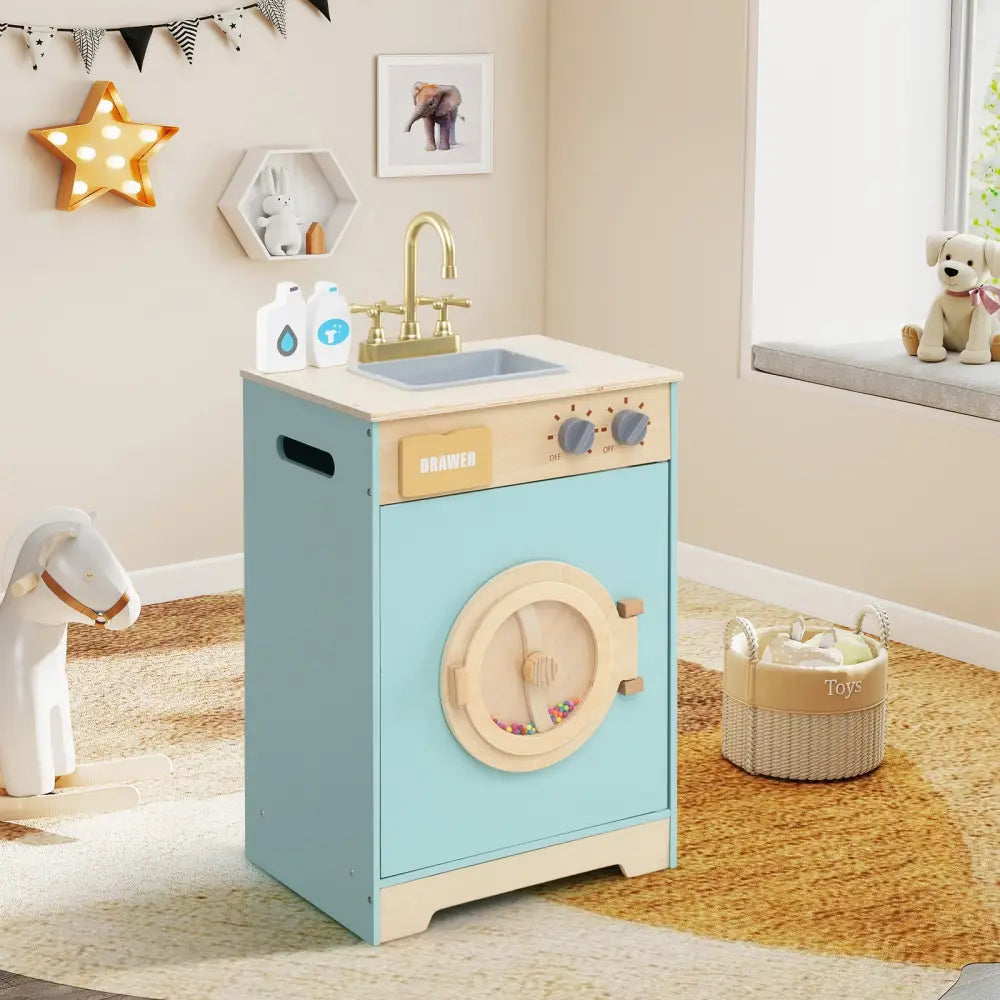 Kids Washer Playset Toy Washing Machine with Laundry Detergent-Blue - Blue - Pretend Toys