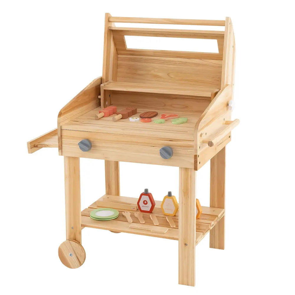 Kids Wooden Barbecue Grill Playset Pretend Kitchen with Food and Wheels-Natural - Natural - Play Kitchen Sets