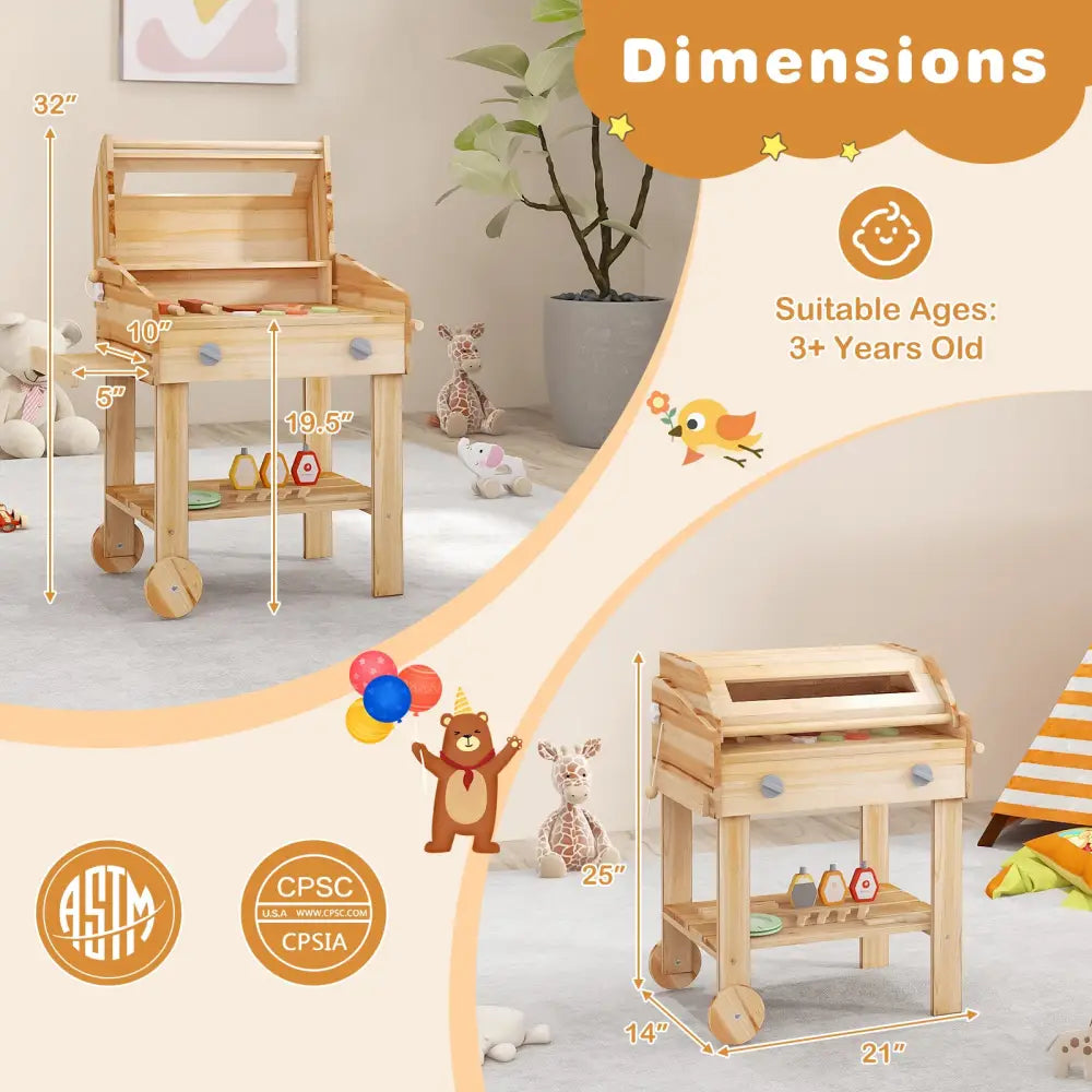 Kids Wooden Barbecue Grill Playset Pretend Kitchen with Food and Wheels-Natural - Natural - Play Kitchen Sets