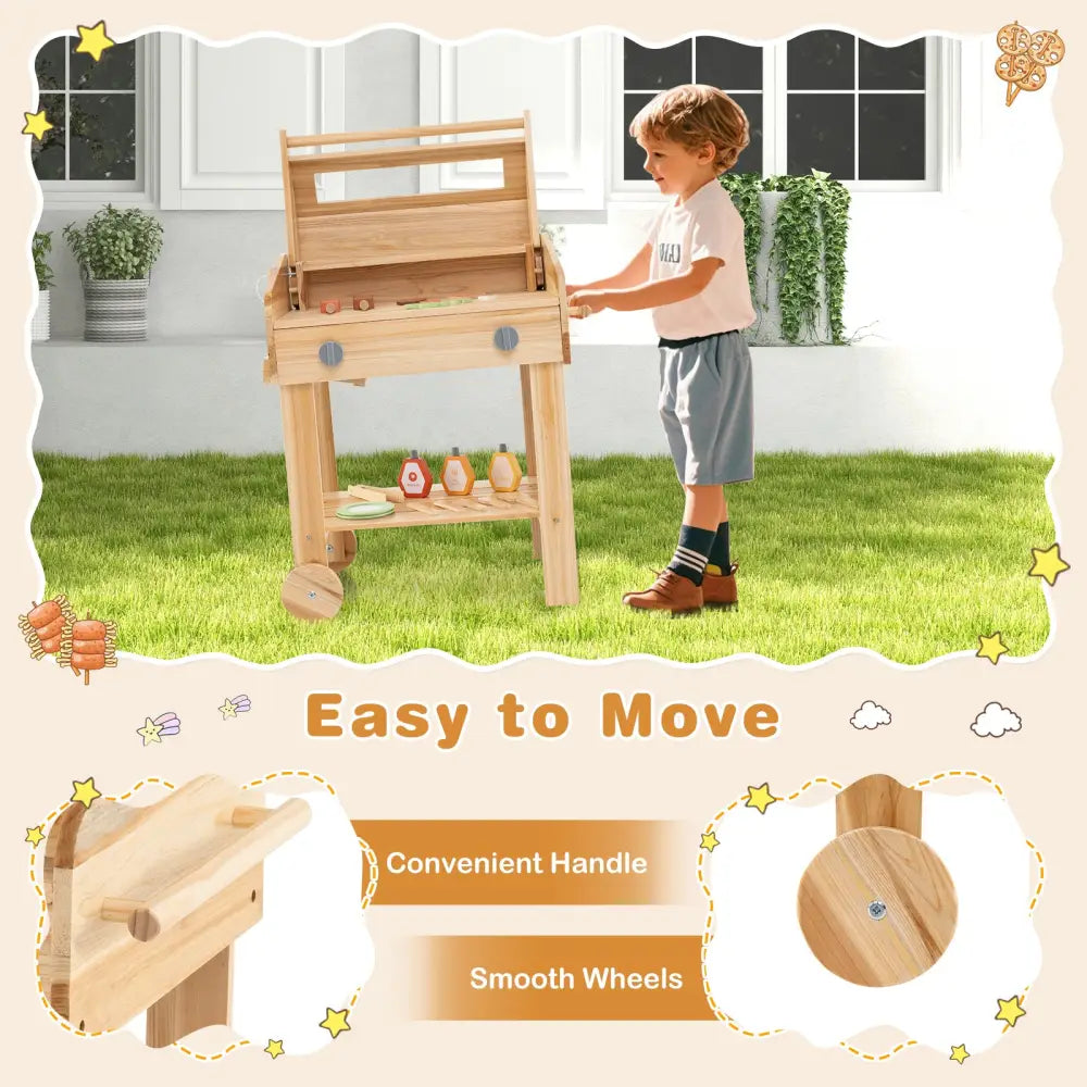 Kids Wooden Barbecue Grill Playset Pretend Kitchen with Food and Wheels-Natural - Natural - Play Kitchen Sets
