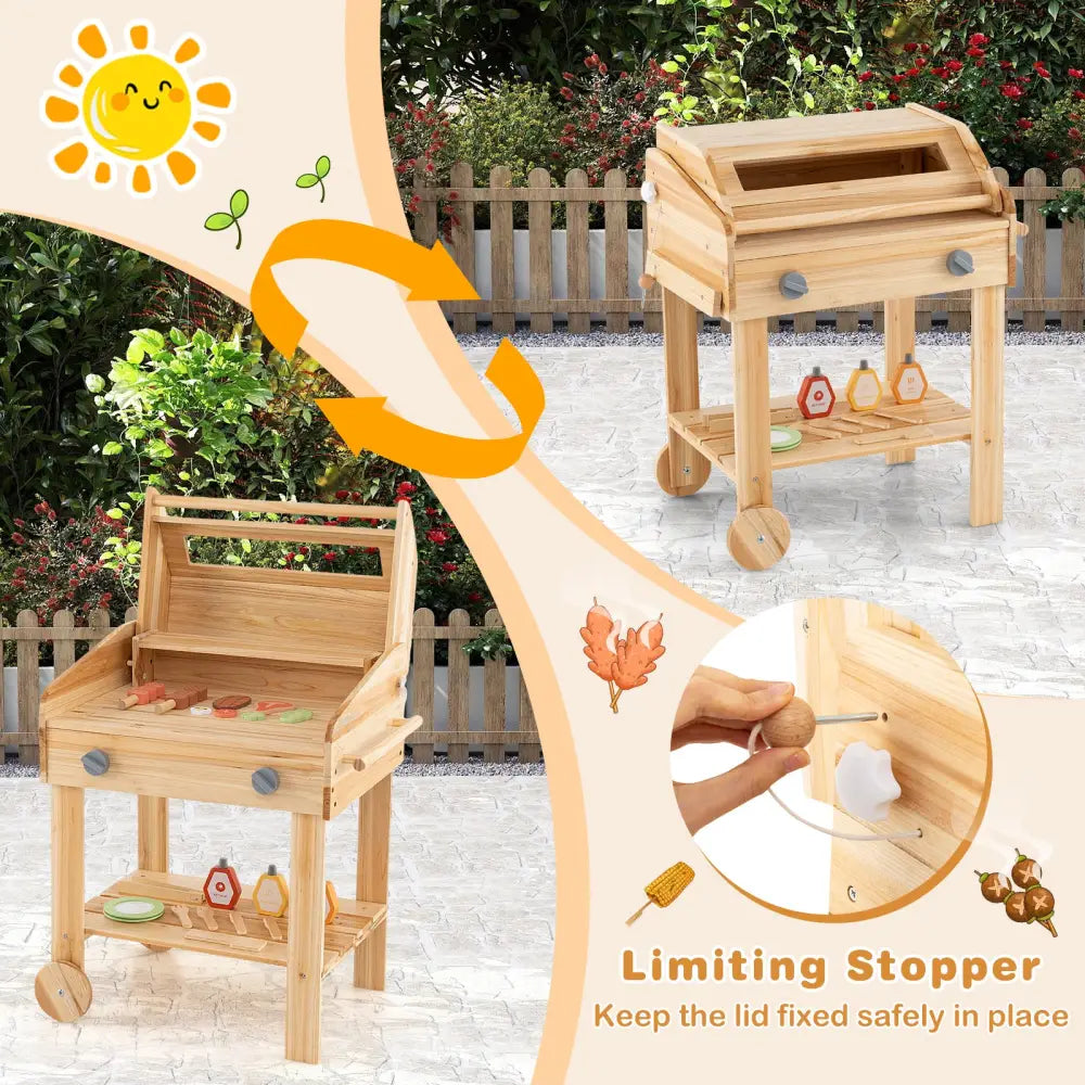 Kids Wooden Barbecue Grill Playset Pretend Kitchen with Food and Wheels-Natural - Natural - Play Kitchen Sets