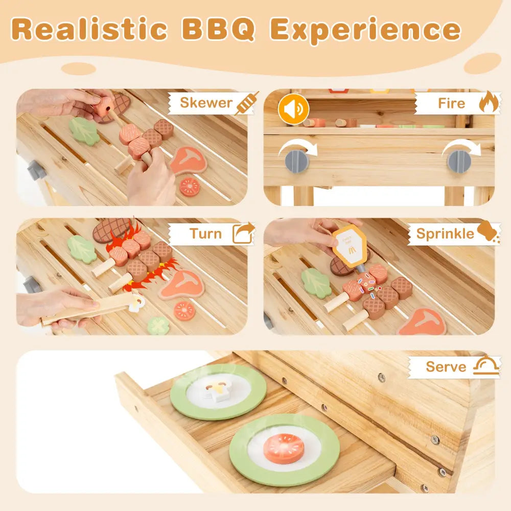 Kids Wooden Barbecue Grill Playset Pretend Kitchen with Food and Wheels-Natural - Natural - Play Kitchen Sets