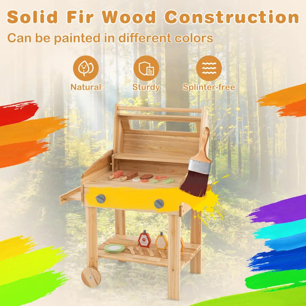 Kids Wooden Barbecue Grill Playset Pretend Kitchen with Food and Wheels-Natural - Natural - Play Kitchen Sets
