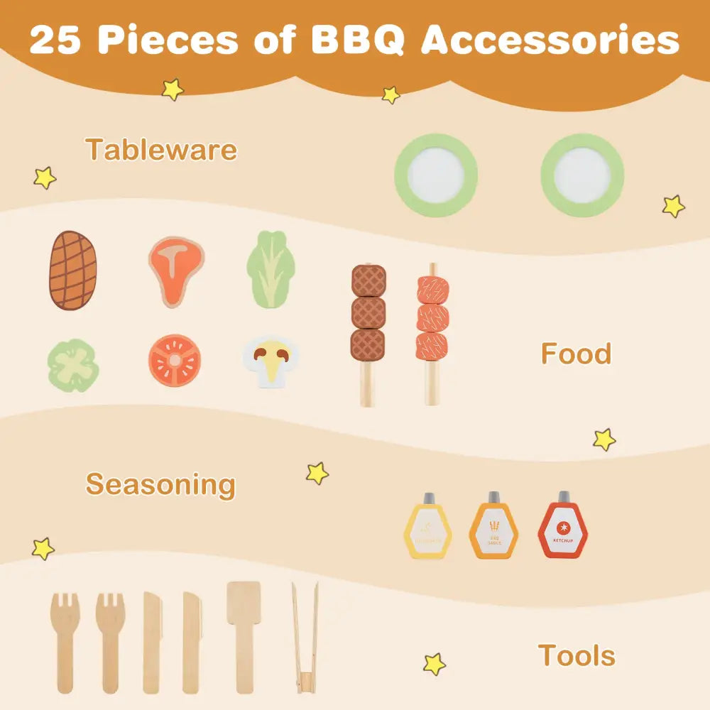 Kids Wooden Barbecue Grill Playset Pretend Kitchen with Food and Wheels-Natural - Natural - Play Kitchen Sets