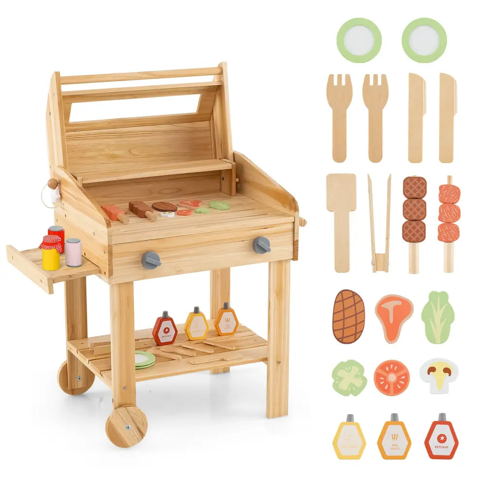 Kids Wooden Barbecue Grill Playset Pretend Kitchen with Food and Wheels-Natural - Natural - Play Kitchen Sets