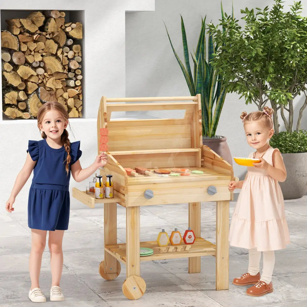 Kids Wooden Barbecue Grill Playset Pretend Kitchen with Food and Wheels-Natural - Natural - Play Kitchen Sets