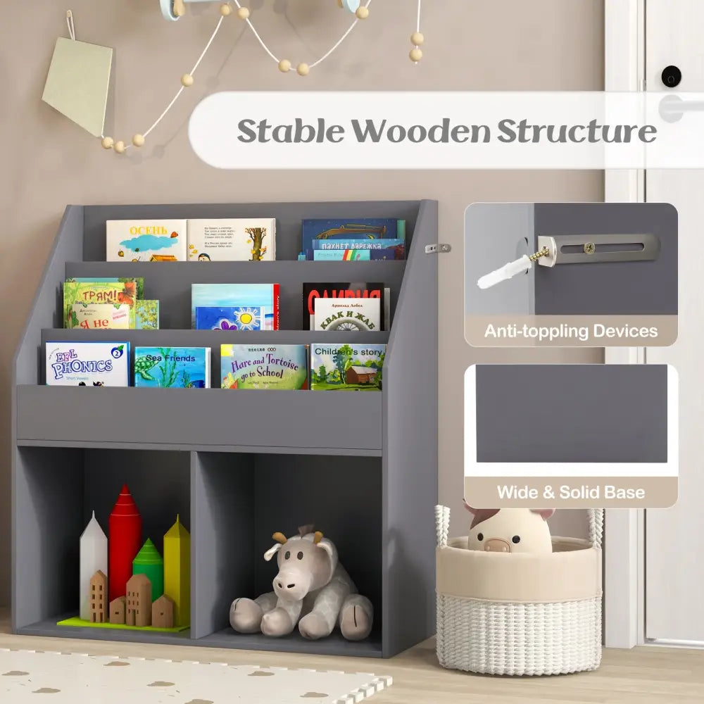 Kids Wooden Bookshelf Bookcase Children Toy Storage Cabinet Organizer-Gray - Gray - Kids Storage