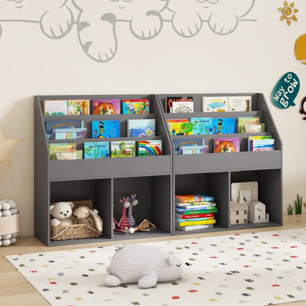 Kids Wooden Bookshelf Bookcase Children Toy Storage Cabinet Organizer-Gray - Gray - Kids Storage