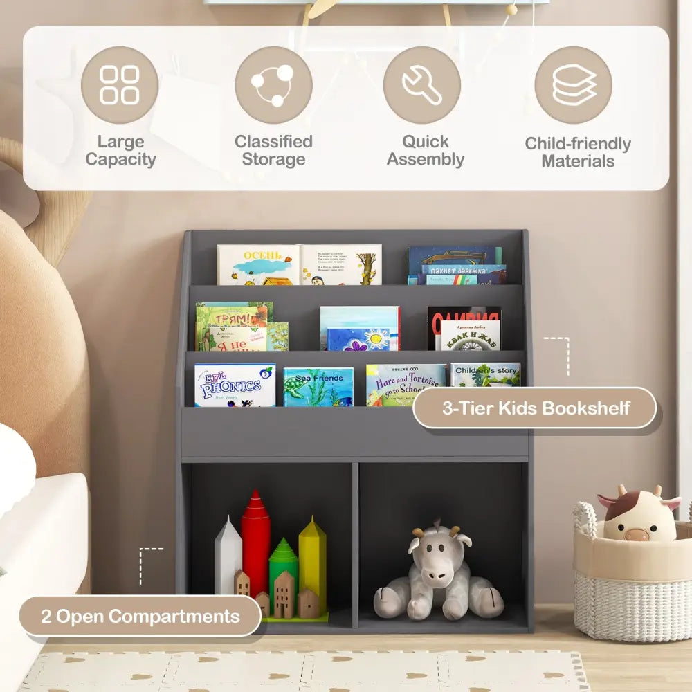 Kids Wooden Bookshelf Bookcase Children Toy Storage Cabinet Organizer-Gray - Gray - Kids Storage