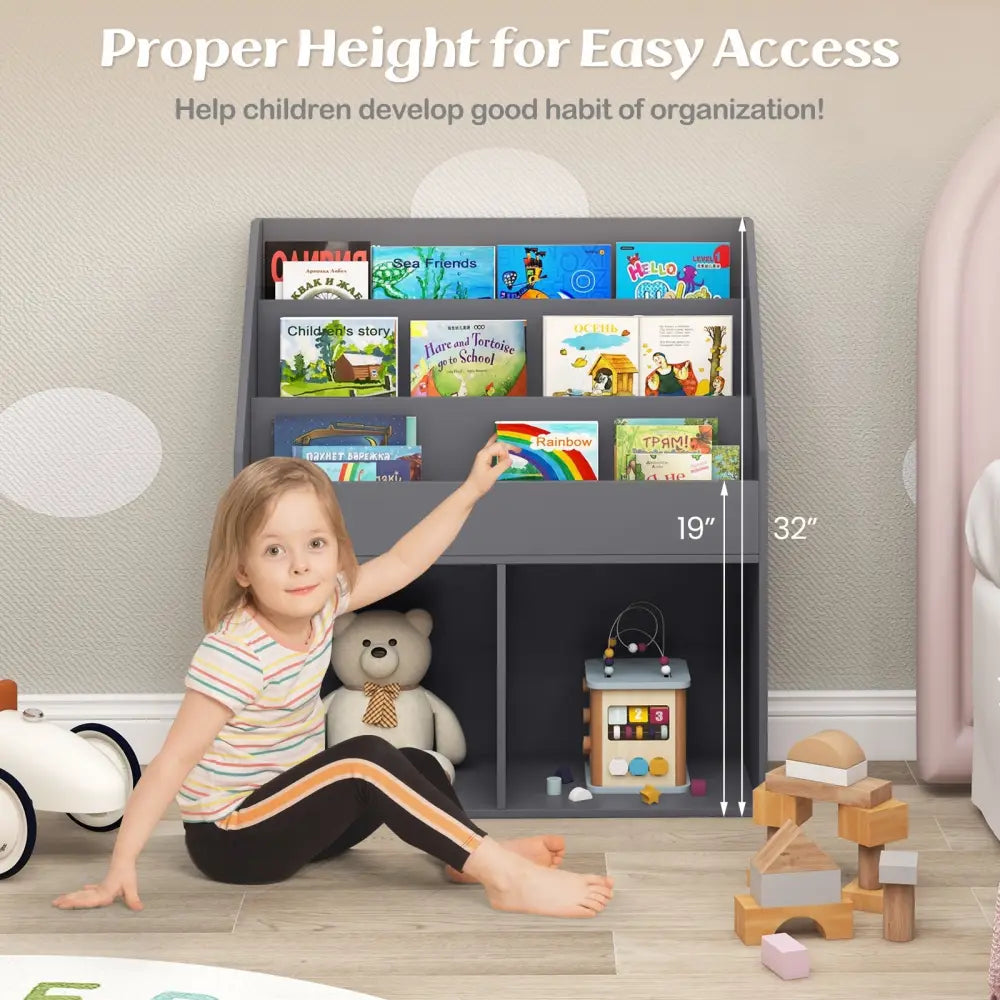 Kids Wooden Bookshelf Bookcase Children Toy Storage Cabinet Organizer-Gray - Gray - Kids Storage